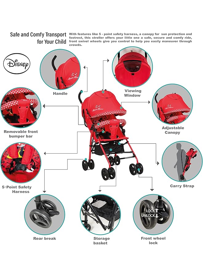 Minnie Mouse Lightweight Adventure Stroller + Storage Cabin 3 36 Months Compact Design Shoulder - Image 2
