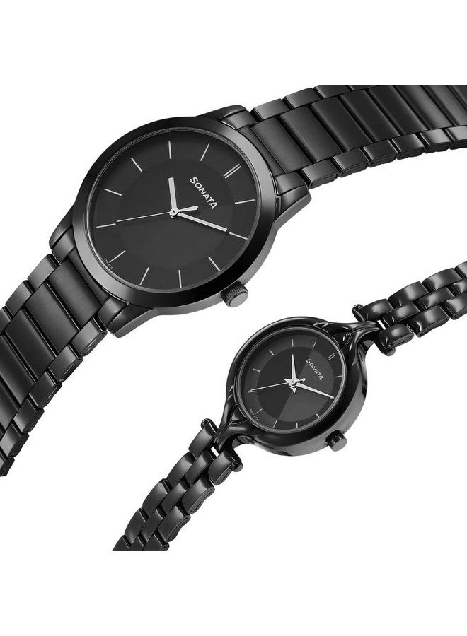 سوناتا ساعة سوناتا كوارتز أنالوج بمينا سوداء وسوار من الفولاذ المقاوم للصدأ للزوجين - NS7712587040NM01P - Image 3