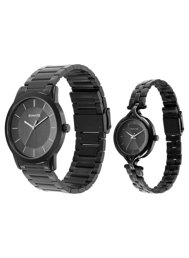 سوناتا ساعة سوناتا كوارتز أنالوج بمينا سوداء وسوار من الفولاذ المقاوم للصدأ للزوجين - NS7712587040NM01P - Image 2