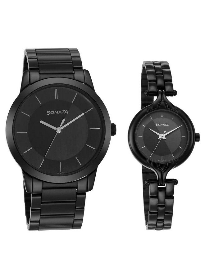 سوناتا ساعة سوناتا كوارتز أنالوج بمينا سوداء وسوار من الفولاذ المقاوم للصدأ للزوجين - NS7712587040NM01P - Image 1