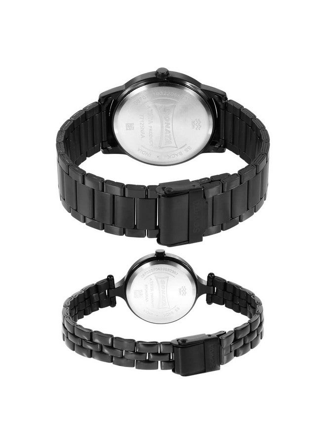 سوناتا ساعة سوناتا كوارتز أنالوج بمينا سوداء وسوار من الفولاذ المقاوم للصدأ للزوجين - NS7712587040NM01P - Image 4