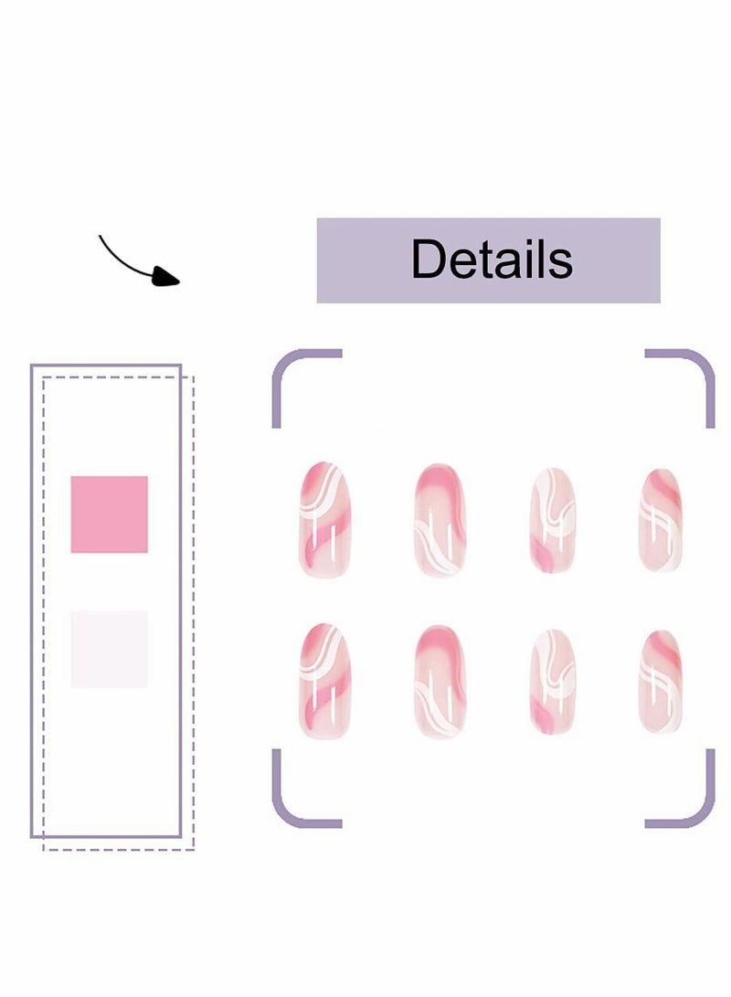 Excefore Acrylic Nails, Fake Nails Medium Length Press on White Pink Abstract  Coffin False with Glue, Stick Art Manicure Decoration, Glossy Nude 24Pcs - Image 5