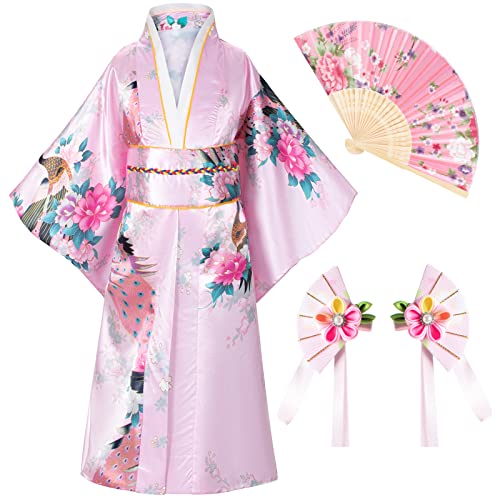 Elibelle Japanese Traditional Dress Kimono Robe for Kids Girls Costume Silk Folding Fans hairstick Set(Pink100cm) - Image 2
