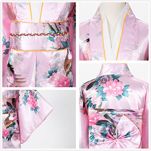 Elibelle Japanese Traditional Dress Kimono Robe for Kids Girls Costume Silk Folding Fans hairstick Set(Pink100cm) - Image 4