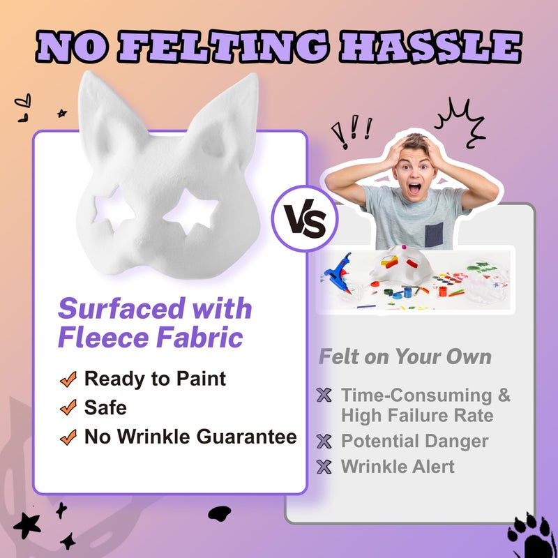 KemonoX Therian Cat Mask Kit with Star Eyes - White Fleeced Cat Mask Base with Faux Fur, Eye Mesh and Cat Like Fuzzy Fabric - Felted for You, Skip the Messy Work - Image 3