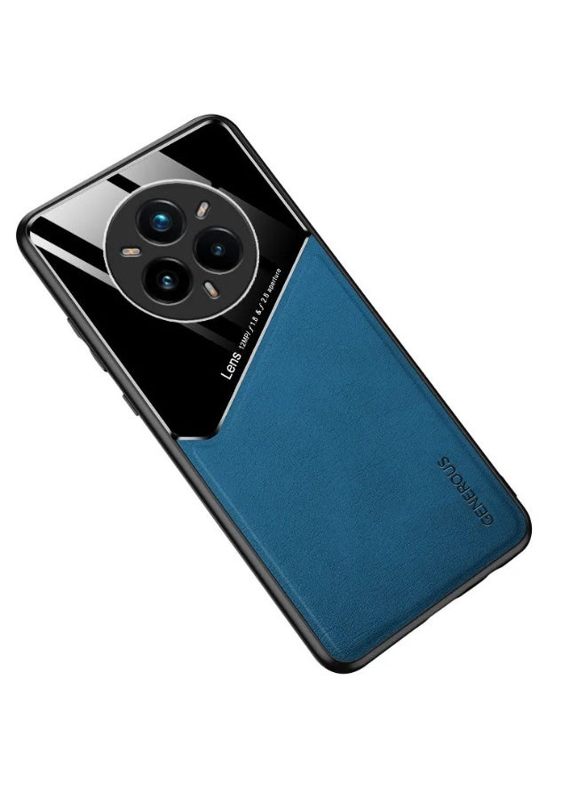 Case Compatible With Realme 14 Pro Plus 5G Cover Luxury Leather And Glass With Car Magnetic Holder Phone Cover Soft Frame Silicone (Blue) - Image 1