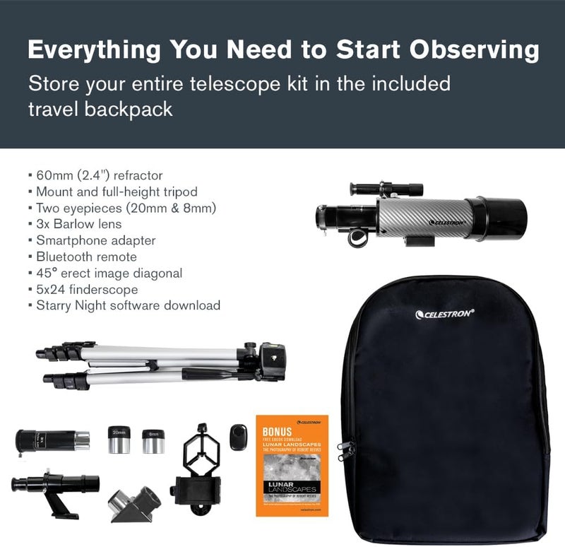 سلسترون تلسكوب Celestron – DX، فتحة 60 مم، تلسكوب انكساري محمول مثالي للمبتدئين، عدسات مطلية بالكامل، يأتي مع حزمة برمجيات علم فلك إضافية، ومحول للهواتف المحمولة لاستخدامه في التصوير الفلكي. - Image 3
