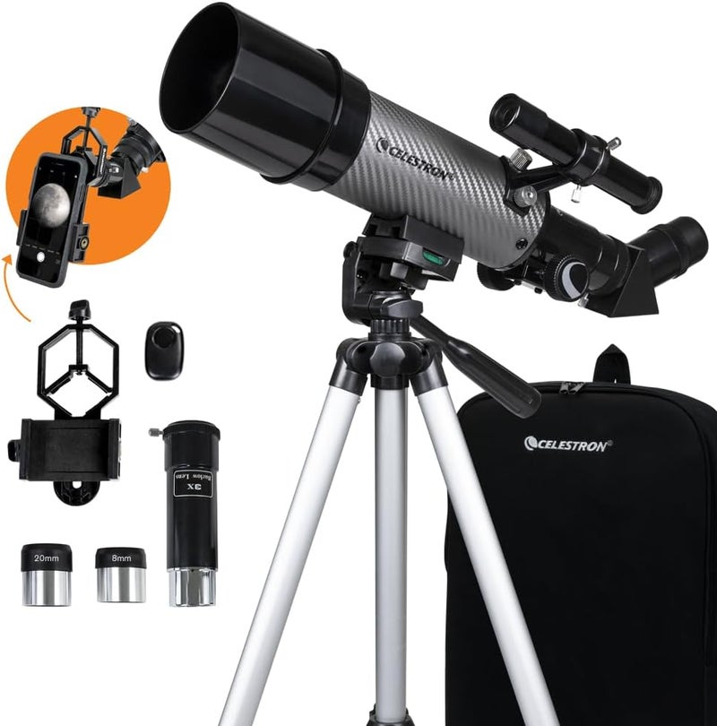 سلسترون تلسكوب Celestron – DX، فتحة 60 مم، تلسكوب انكساري محمول مثالي للمبتدئين، عدسات مطلية بالكامل، يأتي مع حزمة برمجيات علم فلك إضافية، ومحول للهواتف المحمولة لاستخدامه في التصوير الفلكي. - Image 1