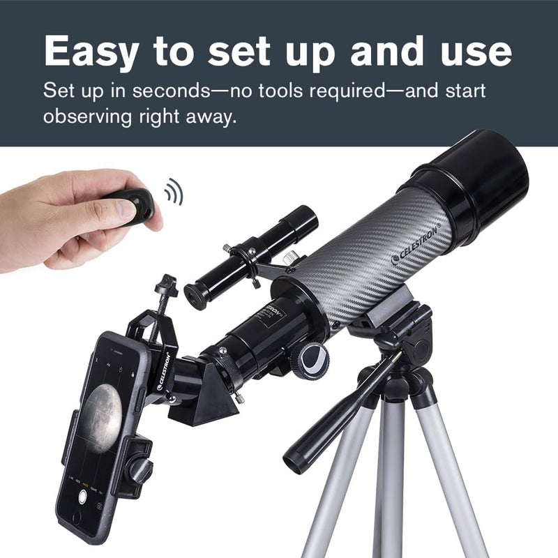 سلسترون تلسكوب Celestron – DX، فتحة 60 مم، تلسكوب انكساري محمول مثالي للمبتدئين، عدسات مطلية بالكامل، يأتي مع حزمة برمجيات علم فلك إضافية، ومحول للهواتف المحمولة لاستخدامه في التصوير الفلكي. - Image 2