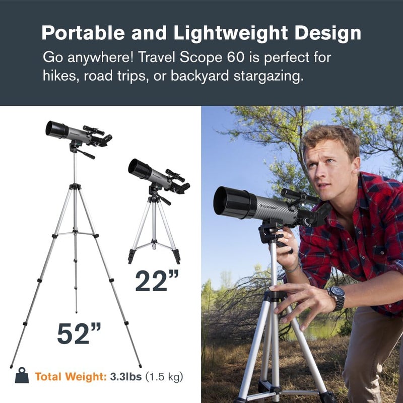 سلسترون تلسكوب Celestron – DX، فتحة 60 مم، تلسكوب انكساري محمول مثالي للمبتدئين، عدسات مطلية بالكامل، يأتي مع حزمة برمجيات علم فلك إضافية، ومحول للهواتف المحمولة لاستخدامه في التصوير الفلكي. - Image 4
