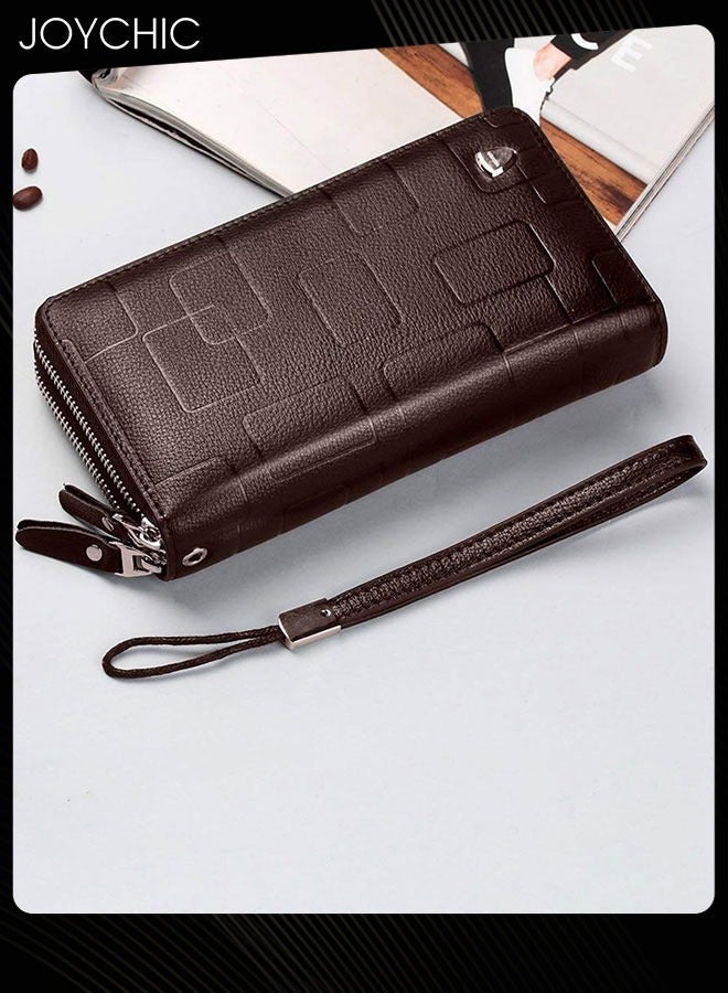 Joychic محفظة رجالية من الجلد الطبيعي مقاومة للماء بسحاب طويل وحقيبة هاتف محمول هندسية متعددة التصنيفات حقيبة يد صغيرة غير رسمية للسفر والعمل والتسوق باللون البني - Image 2