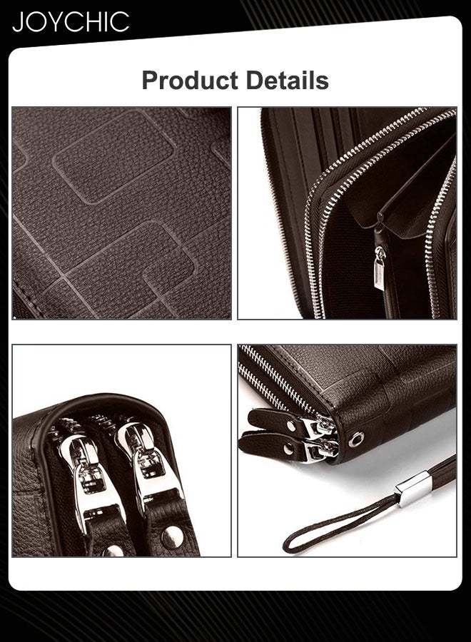 Joychic محفظة رجالية من الجلد الطبيعي مقاومة للماء بسحاب طويل وحقيبة هاتف محمول هندسية متعددة التصنيفات حقيبة يد صغيرة غير رسمية للسفر والعمل والتسوق باللون البني - Image 3