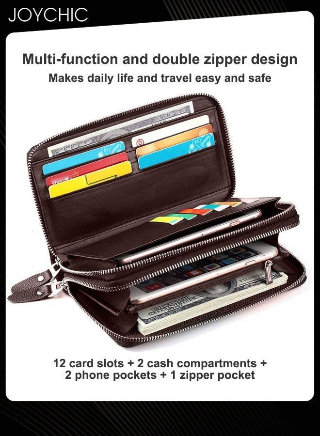 Joychic محفظة رجالية من الجلد الطبيعي مقاومة للماء بسحاب طويل وحقيبة هاتف محمول هندسية متعددة التصنيفات حقيبة يد صغيرة غير رسمية للسفر والعمل والتسوق باللون البني - Image 4