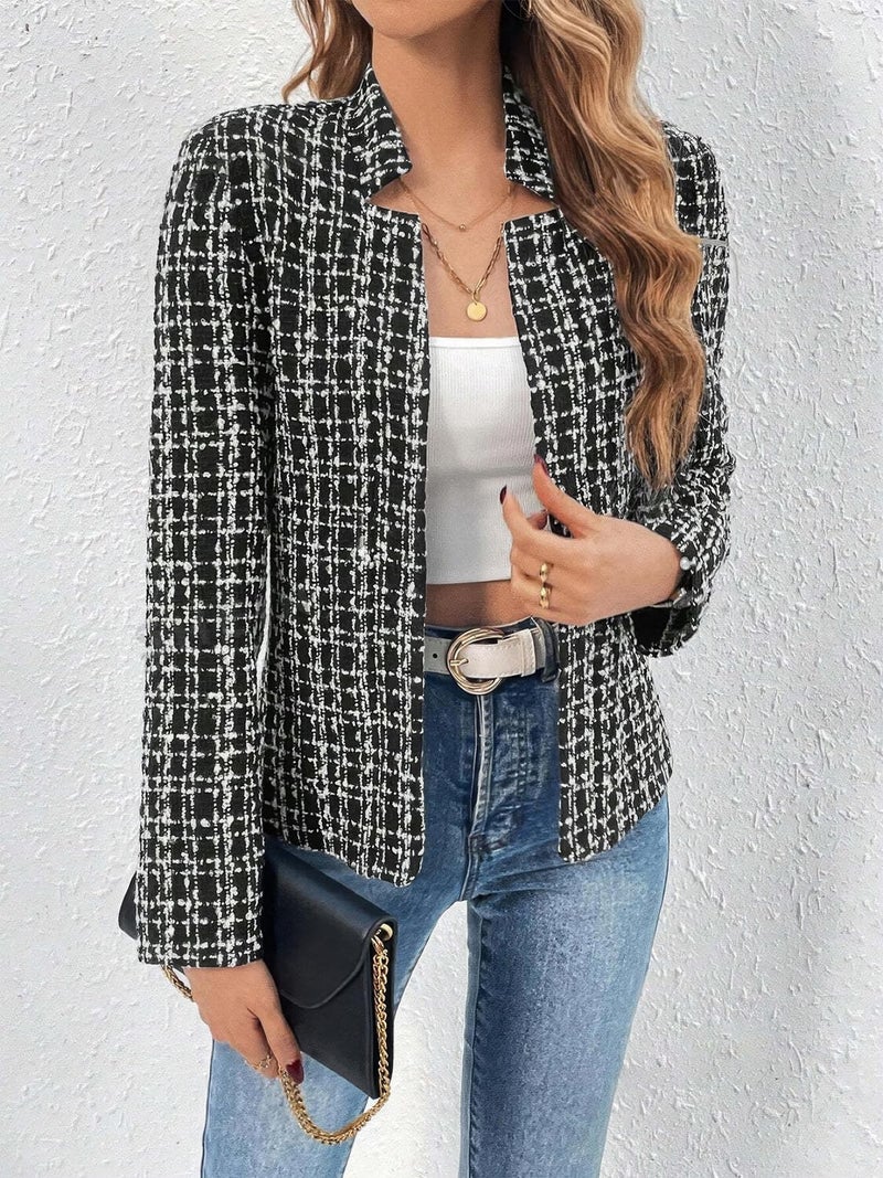 ebossy Women's Casual Slim Notched Plaid Tweed Blazer Elegant Open Front Long Sleeve Business Work Jacket Dress Coat (XS, Black/White) - Image 2