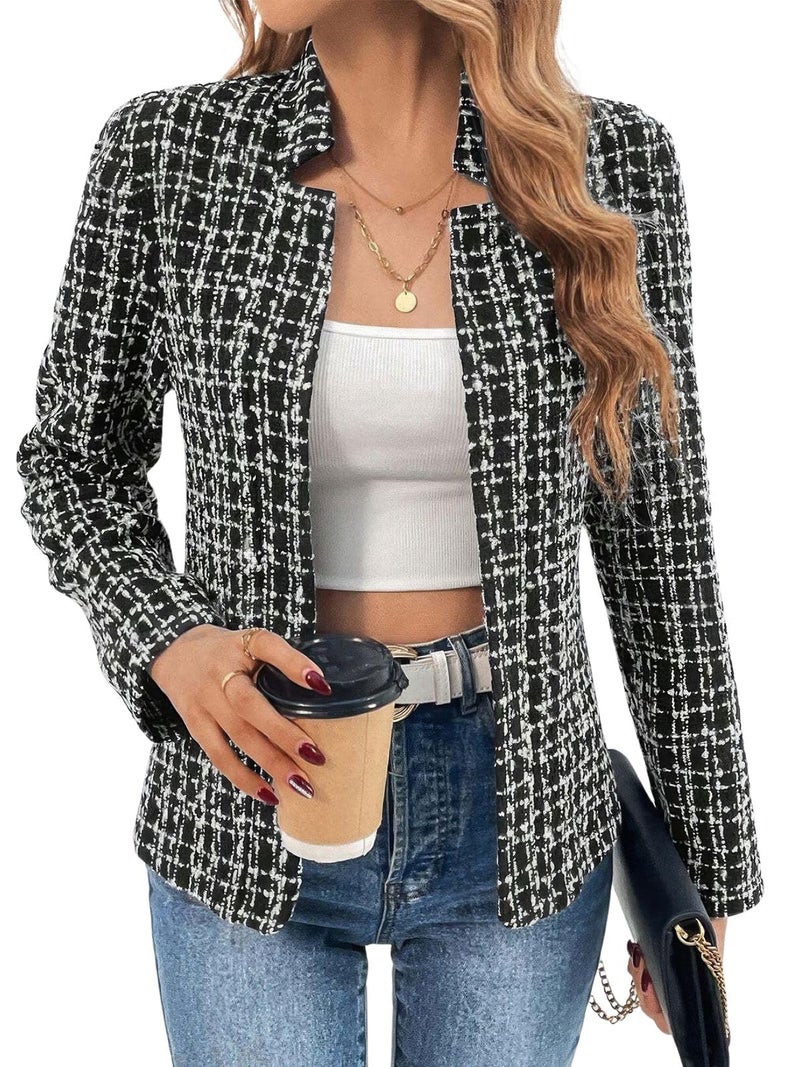 ebossy Women's Casual Slim Notched Plaid Tweed Blazer Elegant Open Front Long Sleeve Business Work Jacket Dress Coat (XS, Black/White) - Image 1