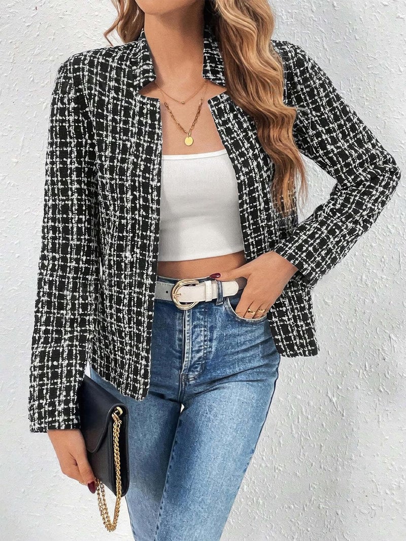 ebossy Women's Casual Slim Notched Plaid Tweed Blazer Elegant Open Front Long Sleeve Business Work Jacket Dress Coat (XS, Black/White) - Image 3