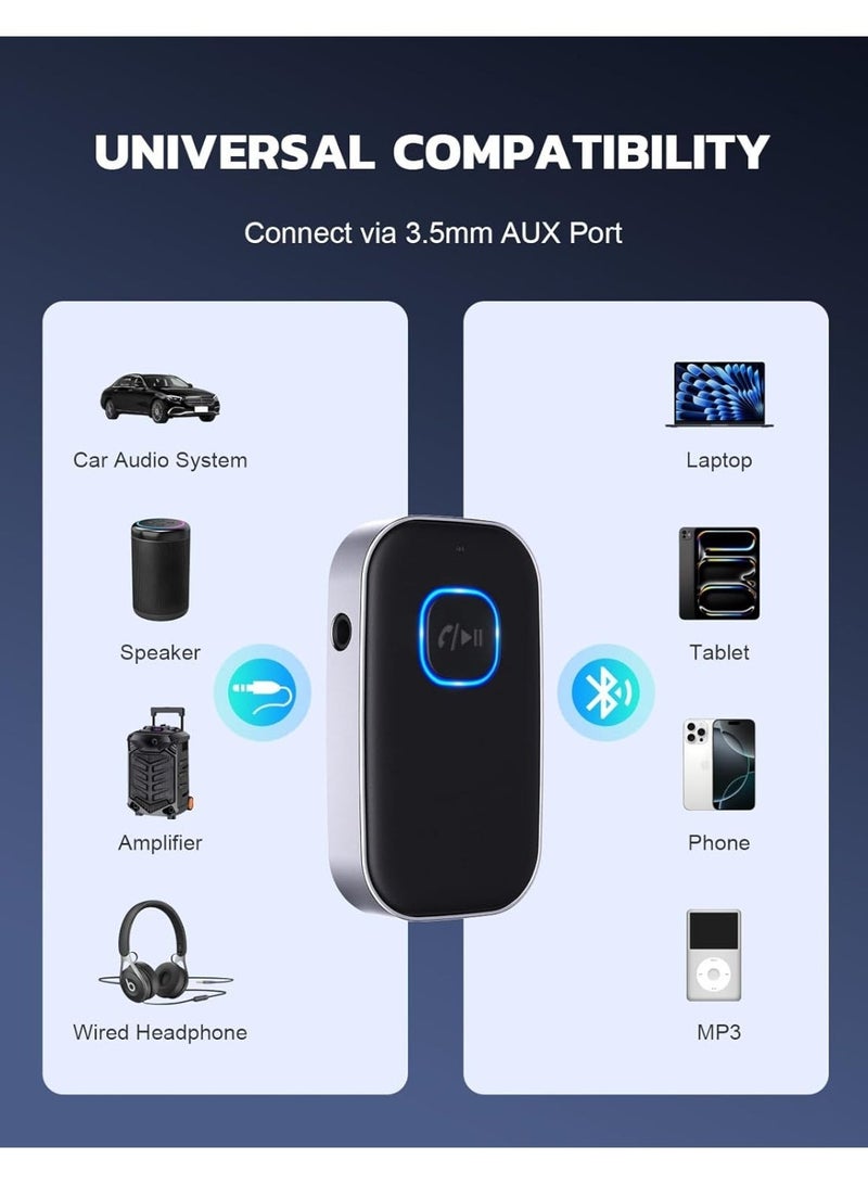 Bluetooth 5.0 Receiver for Car, Noise Cancelling Bluetooth AUX Adapter, Bluetooth Music Receiver for Home Stereo/Wired Headphones/Hands-Free Call,16H Battery Life-Black+Silver - Image 2
