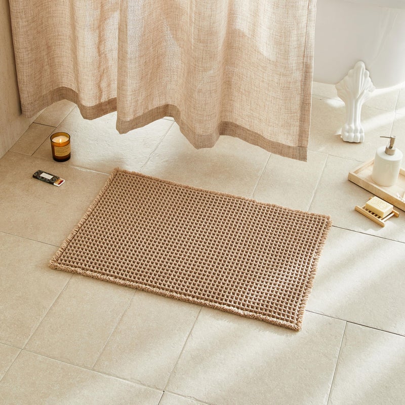 TYUU Waffle Bath Mat, Boho Bathroom Rugs Non Slip Washable Super Absorbent Quick Dry Farmhouse Bathroom Decor, 24"x16" / 1'4" x 2' Khaki - Image 1