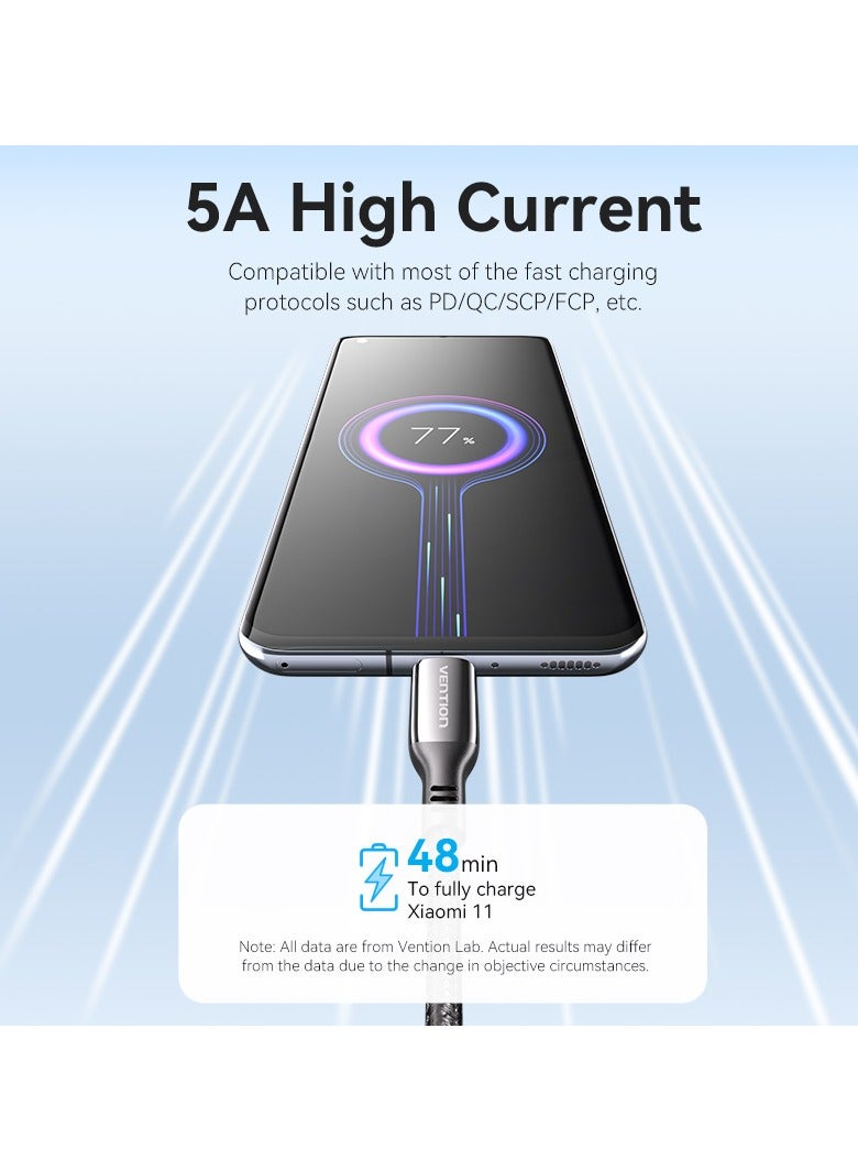 Vention USB-C to USB-C 5A Cable 1.2M, 100W  480Mbps 90° Elbow Design, Cotton Braided with Zinc Alloy Housing – Compatible with MacBook, iPad Pro, Galaxy S8/9/10/20/21/22 - Image 4