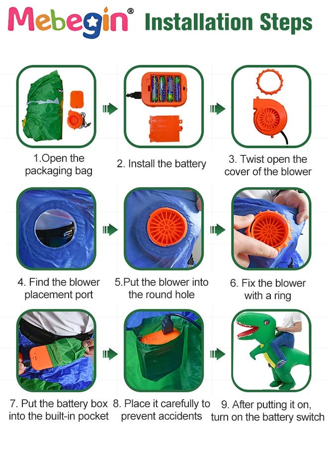 MEBEGIN - Inflatable Dinosaur Costume, Dinosaur Rider Outfit with Blower and Battery Case, Cartoon Doll Clothing, Funny Blow up Pretend Toy Costume for Dess up Parties, Festivals and Cosplay Games, Suitable 150-190cm Height, 4 AA Batteries Required(Not Included) - Image 1