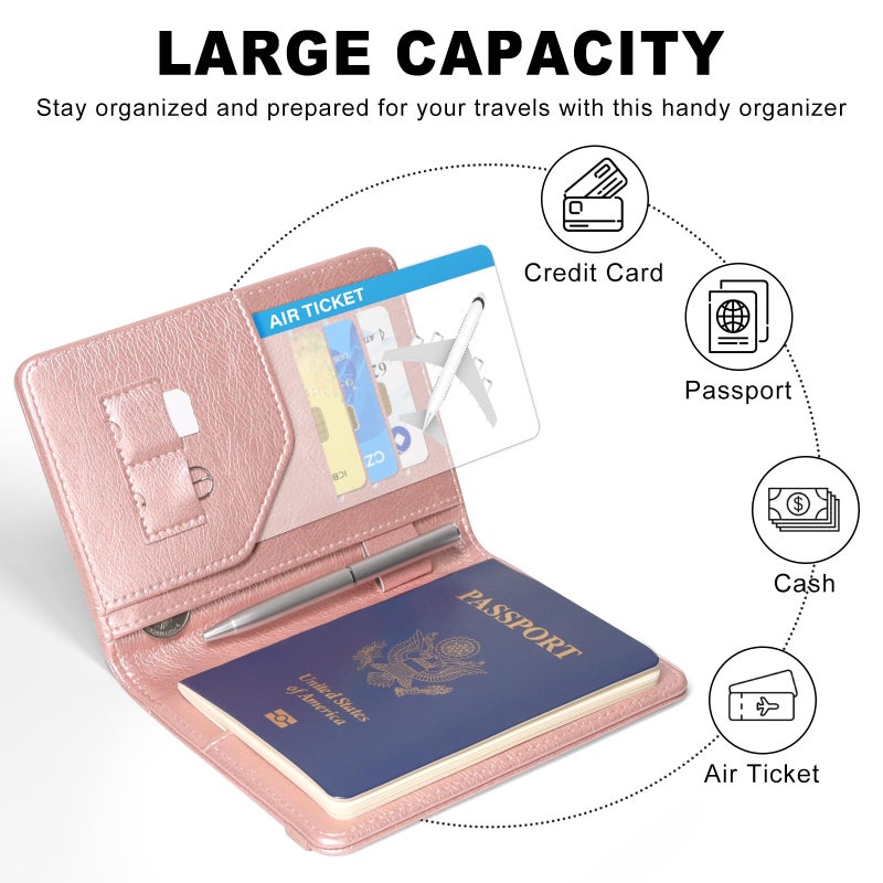 ACdream RFID BLOCKING Passport Holder Travel Wallet, Premium PU Leather Cover Passport Book with Card Holder, Pen Holder, Keep Organization, and Travel Essentials for Women and Men, Rose Gold - Image 4