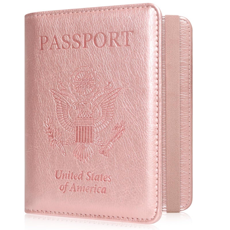 ACdream RFID BLOCKING Passport Holder Travel Wallet, Premium PU Leather Cover Passport Book with Card Holder, Pen Holder, Keep Organization, and Travel Essentials for Women and Men, Rose Gold - Image 1