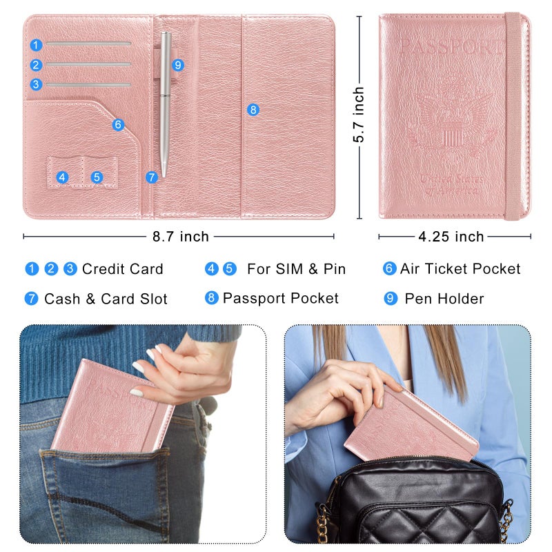 ACdream RFID BLOCKING Passport Holder Travel Wallet, Premium PU Leather Cover Passport Book with Card Holder, Pen Holder, Keep Organization, and Travel Essentials for Women and Men, Rose Gold - Image 3