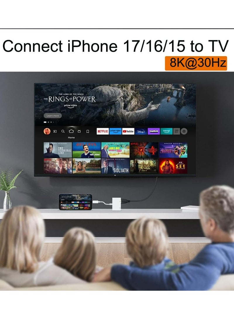 محول معتمد من Apple (MFi) من نوع USB-C إلى HDMI بجودة 8K@30Hz لهواتف iPhone 17/16/15، مع منفذ شحن بقدرة 100W ومنفذ USB 3.2، كابل من Type-C إلى HDTV لهواتف Galaxy S26/S25/S24 وMacBook Pro/Air وiPad Pro إلى التلفزيون أو جهاز العرض أو الشاشة. - Image 3