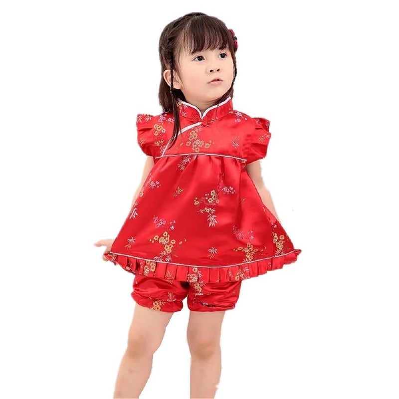 SZCQ Little Girl Chinese Qipao Dress Suit Traditional Cheongsam Top Pant Baby Girls New Year Costumes Plum Blossom Red XL