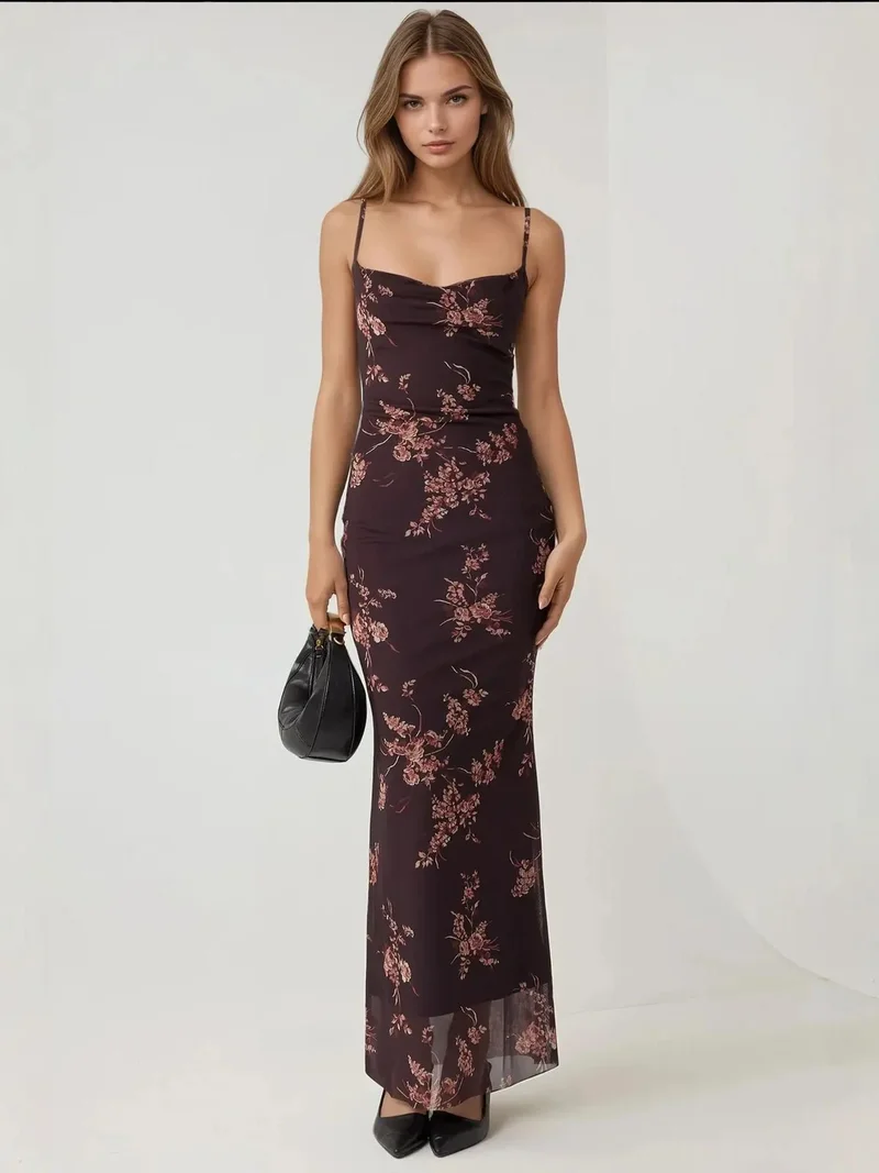 زوبعة فستان ماكسي ضيق مطبوع من التول