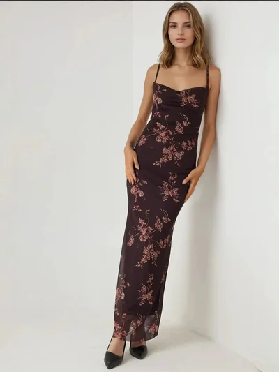 HICCUP Printed Bodycon Maxi Tulle Dress