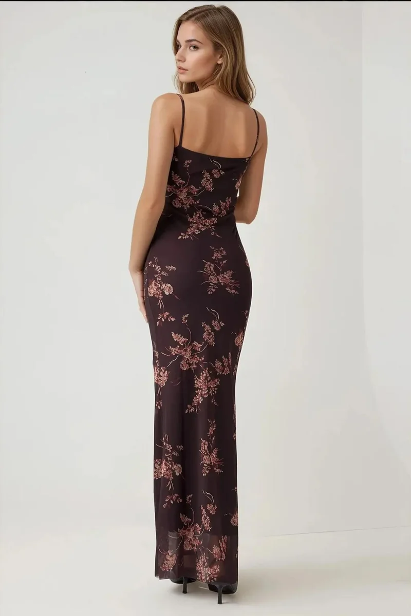 Hiccup Mocha Brown Printed Bodycon Maxi Tulle Dress for Women | Best Price UAE