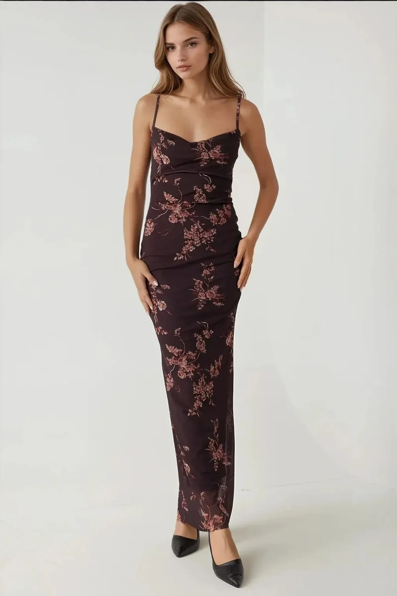 Hiccup Mocha Brown Printed Bodycon Maxi Tulle Dress for Women | Best Price UAE