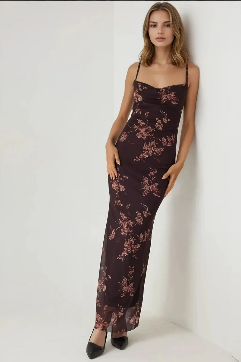 Hiccup Printed Bodycon Maxi Tulle Dress
