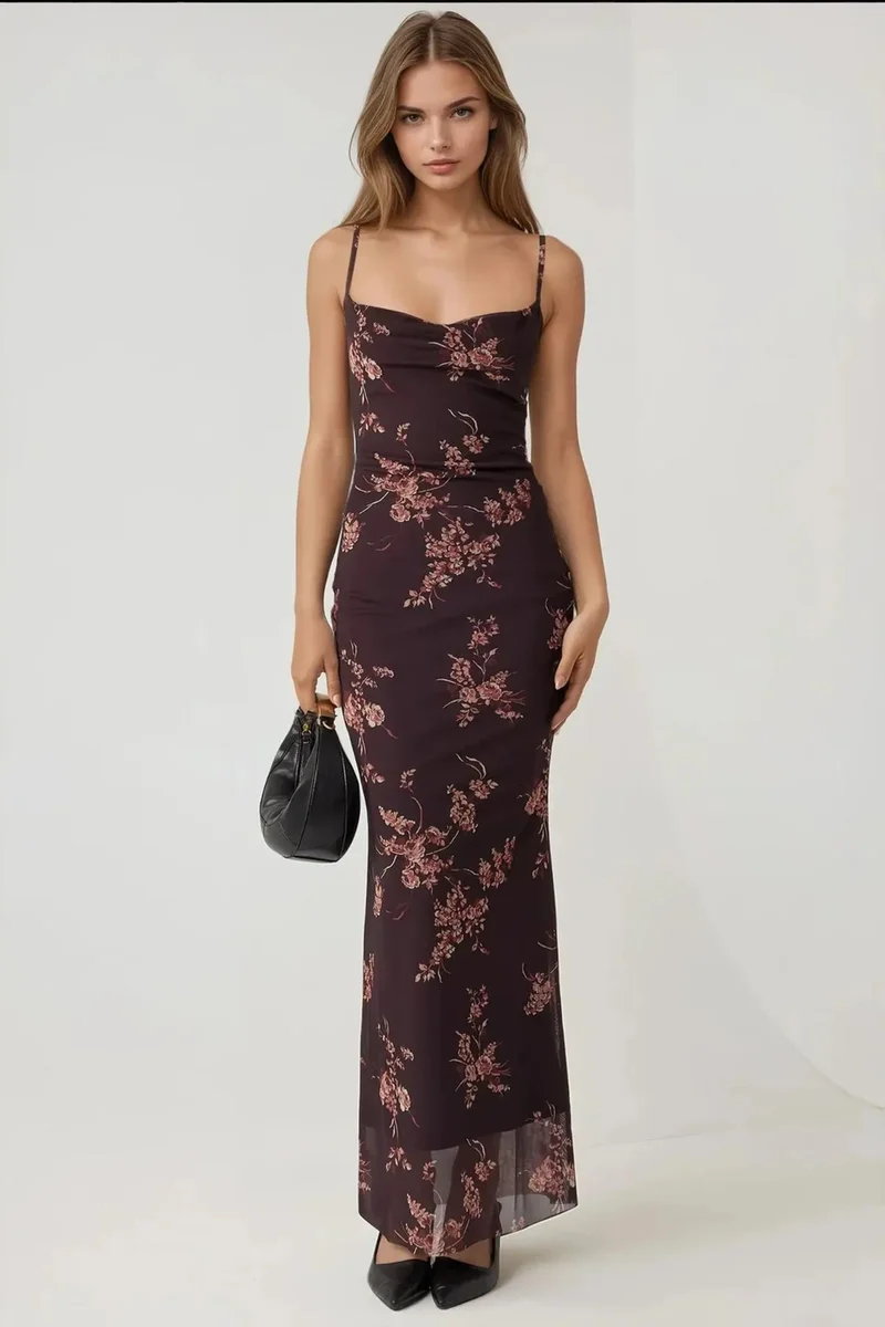 Hiccup Printed Bodycon Maxi Tulle Dress