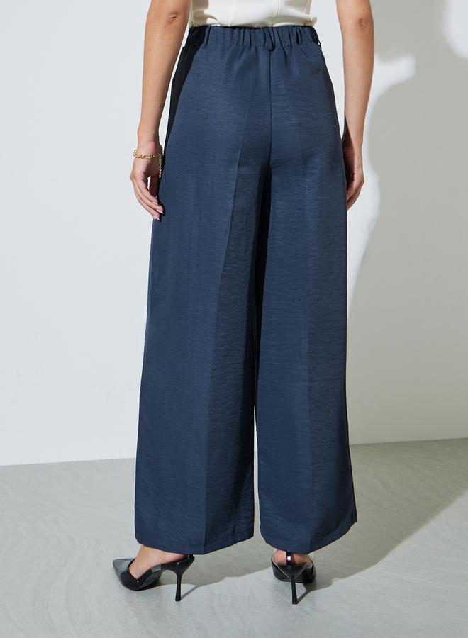 Styli Navy Blue Wide Leg Loose Fit Pleat Detailing Pants - Image 4
