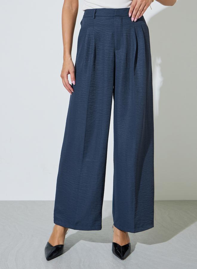 Styli Navy Blue Wide Leg Loose Fit Pleat Detailing Pants - Image 2