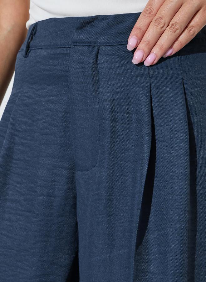 Styli Navy Blue Wide Leg Loose Fit Pleat Detailing Pants - Image 3