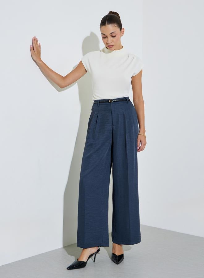 Styli Navy Blue Wide Leg Loose Fit Pleat Detailing Pants - Image 1