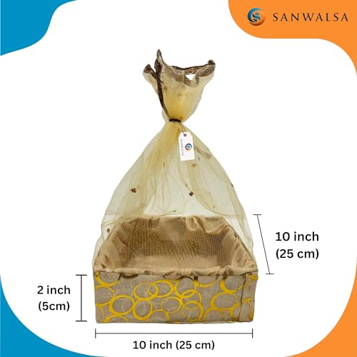 SANWALSA (Medium, 10x10x2 inch, Square) MDF Base Designer Gift Hamper Packaging Baskets with Net Cover, Gift Hamper Organiser perfect for any occasion (Beige) - Image 4