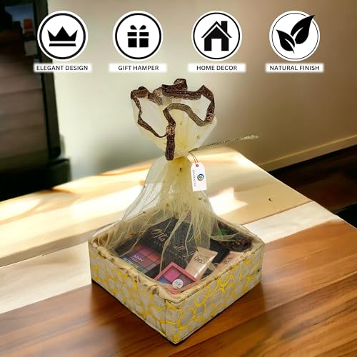 SANWALSA (Medium, 10x10x2 inch, Square) MDF Base Designer Gift Hamper Packaging Baskets with Net Cover, Gift Hamper Organiser perfect for any occasion (Beige) - Image 3
