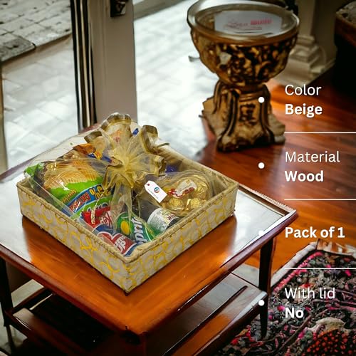 SANWALSA (Medium, 10x10x2 inch, Square) MDF Base Designer Gift Hamper Packaging Baskets with Net Cover, Gift Hamper Organiser perfect for any occasion (Beige) - Image 2