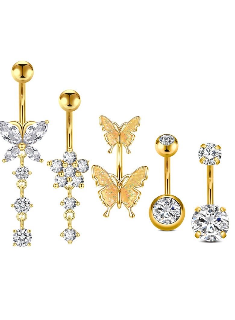 5 pcs Stainless Steel Belly Piercing Ring for Fashion-Women  Gold Belly Piercing belly Button Bar Sparkling Navel Ring Gold Body Piercing Set - Image 1