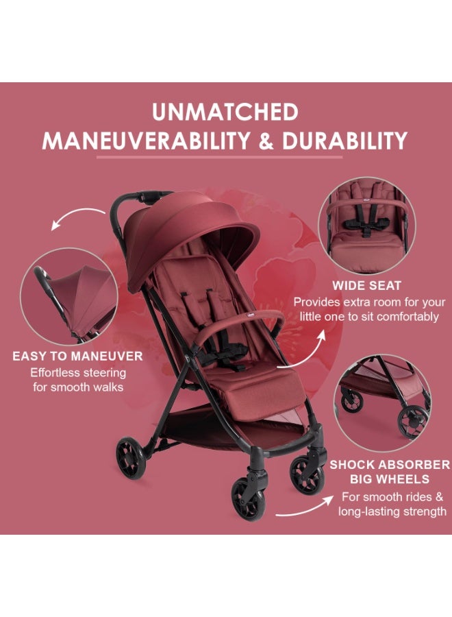 Chicco Urbino Ruby Stroller |One-Hand fold| Comfortable Wide Seats with Padded Shoulder| Reclining backrest and Adjustable footrest|0-4 Years| Extendable Canopy with UV 50+ Protection - Image 3