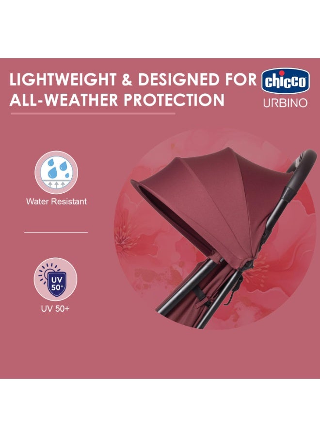 Chicco Urbino Ruby Stroller |One-Hand fold| Comfortable Wide Seats with Padded Shoulder| Reclining backrest and Adjustable footrest|0-4 Years| Extendable Canopy with UV 50+ Protection - Image 2