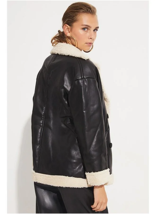 JUNE June Pu Fur Detailed Coat Black