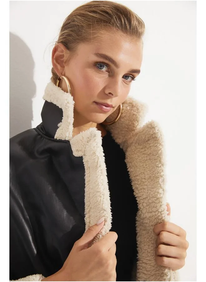 JUNE June Pu Fur Detailed Coat Black