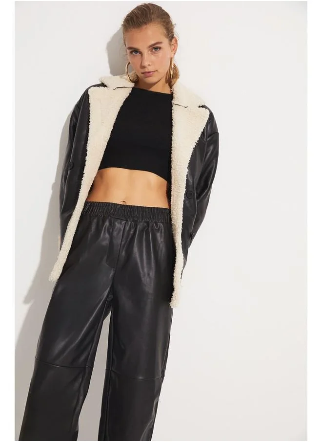 JUNE June Pu Fur Detailed Coat Black