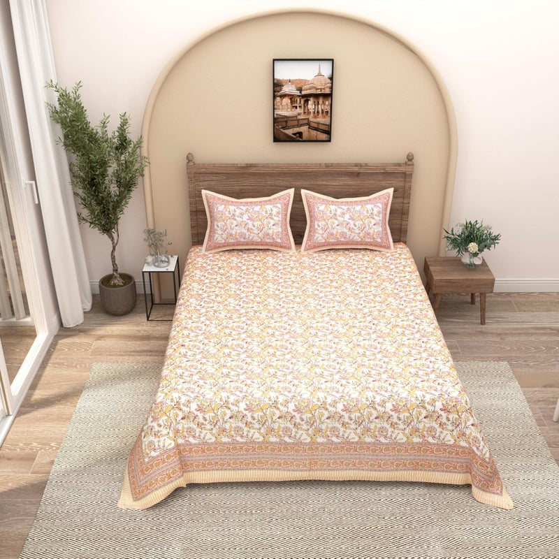 EasyGoods® 240 TC Cotton Bedsheet for Double Bed -Floral Orange|Ethnic35 Bedsheet King Size Bed Cotton|King Size Bedsheet|Double Bedsheet with 2 Pillow Covers 90x108 Inch|Handcrafted Bed Sheets - Image 1
