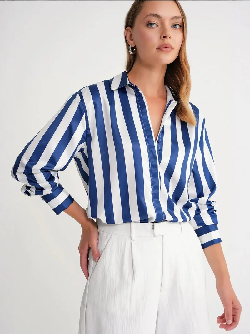 Mixray Navy Blue Mixray Striped Poplin Shirt for Women | Best Price UAE